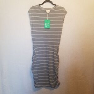 Pact M Dress 100% Organic Cotton Gray Striped Ruched Sides Sheath Stretch Active